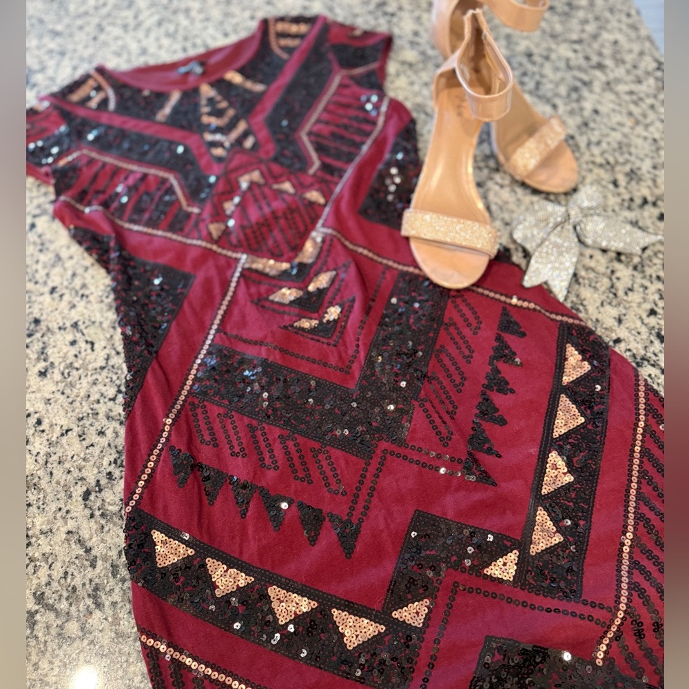 Express Burgundy and Black Sequin Dress
